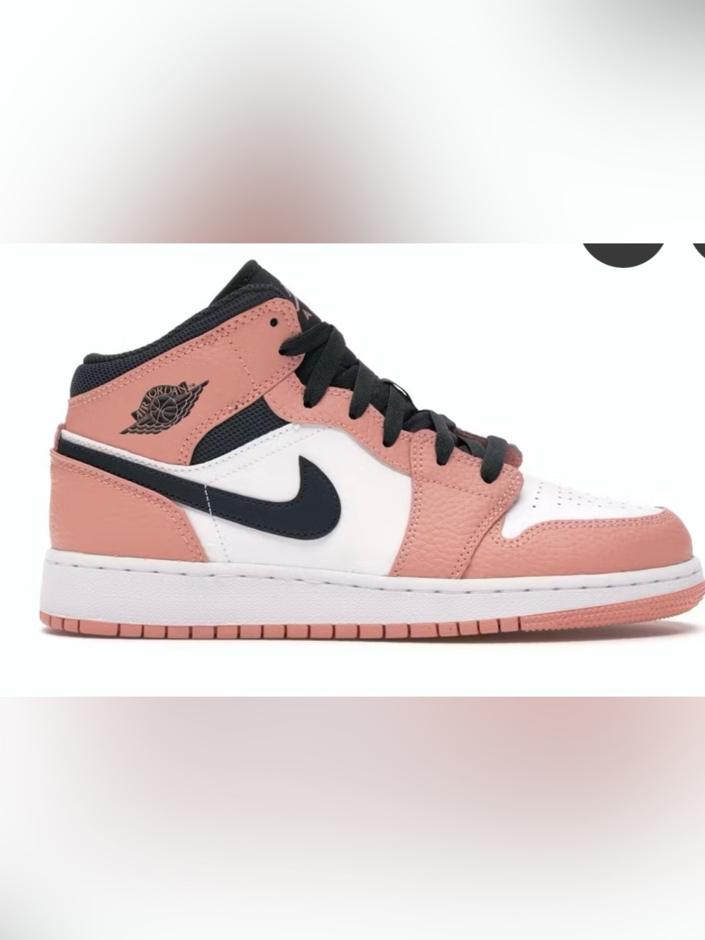 Jordan Girl’s Mid 1 Sneakers in Pink, Smoke Grey & White color way.